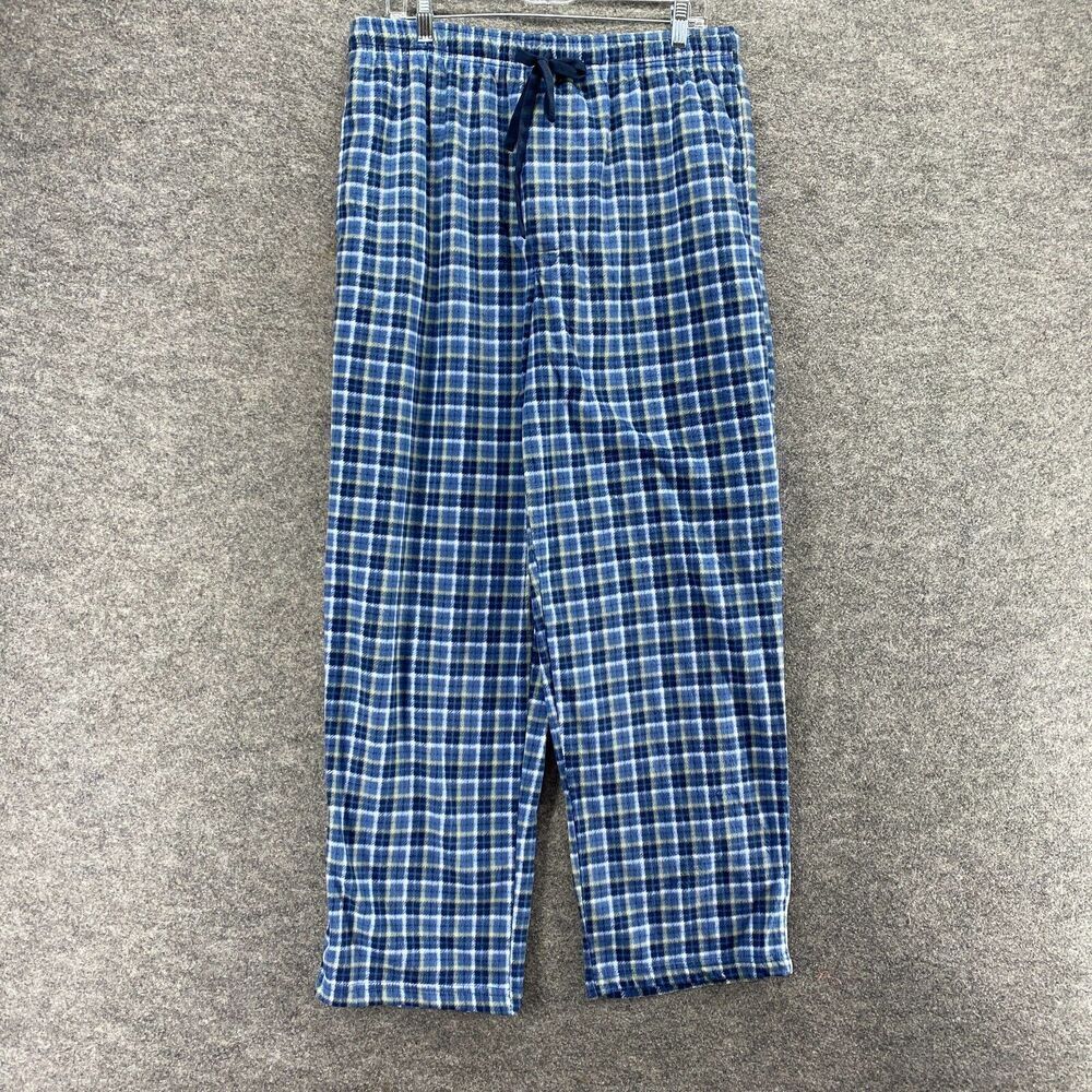 Stafford Pajama Pants Men L Large Blue Plaid High Rise Drawstring Regular Fleece